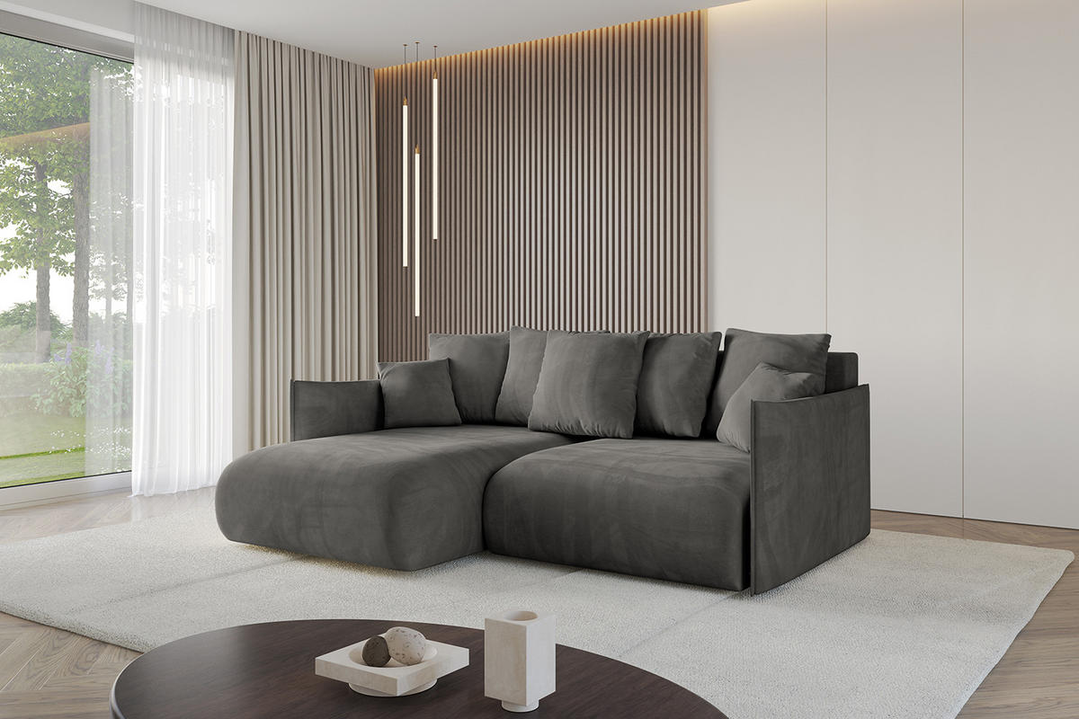 ECKSOFA mit Schlaffunktion und Bettkasten ONESK-L 208x165x40 Dunkelgrau Velours - Dunkelgrau, Holzwerkstoff/Kunststoff (208/165cm) - ALTDECOR