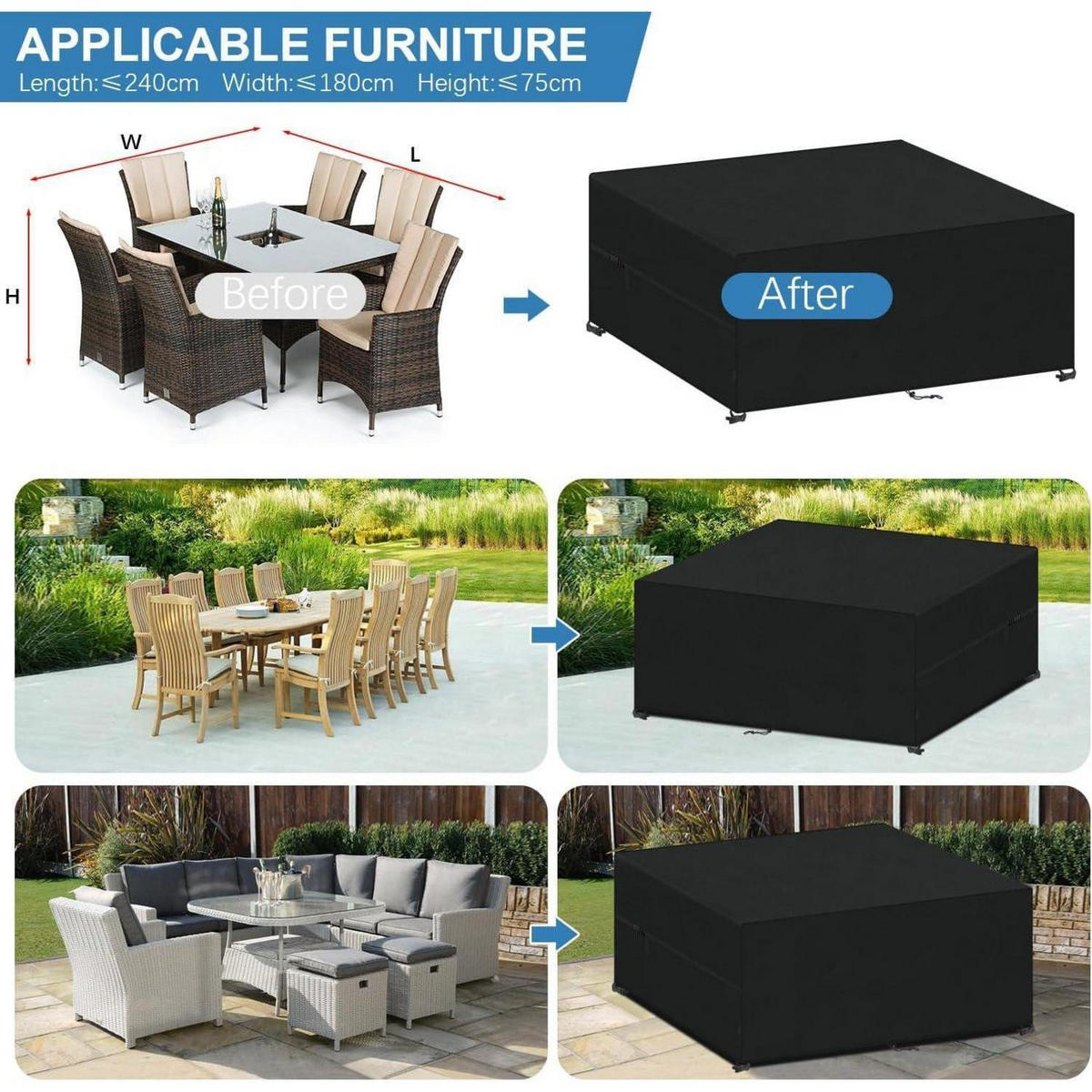 SCHUTZHÜLLE Gartenmöbel 240 x 180 x 75 cm wasserdicht 420D Oxford - Schwarz, Textil (75/75/75cm)