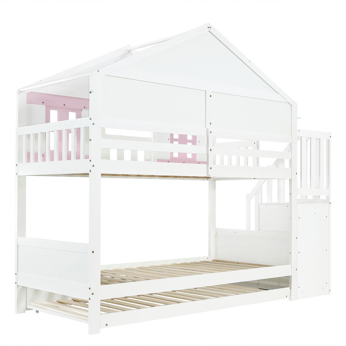 ETAGENBETT 90/200 cm Weiß+Rosa mit Ausziehbett 90/190 cm und Stauraumtreppe - Weiß, Holz (90/200cm) - Oxeza