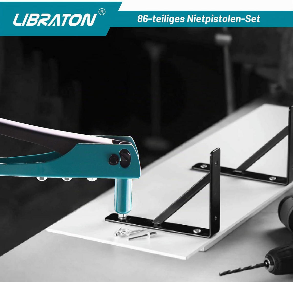 HANDNIETGERÄT-SET 80-teilig, austauschbar für 4 Blindnietarten inkl. HSS-Bohrer, Autoreparatur - Blau, Metall (26.4/11.3/3.7cm) - LIBRATON