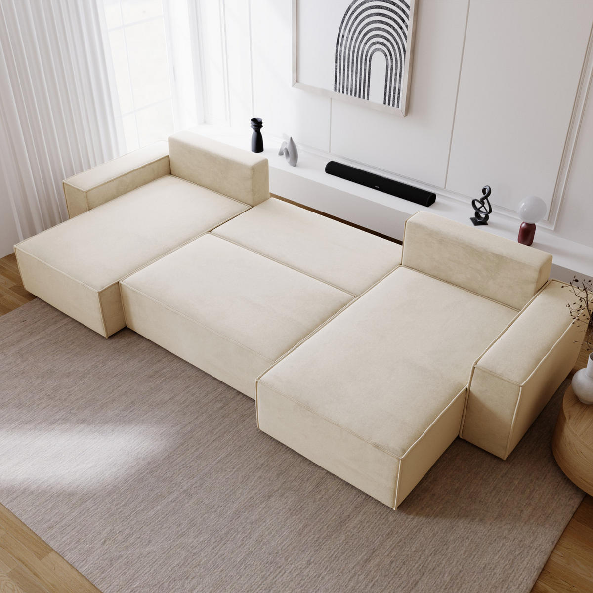 ECKSOFA 380 cm Bergamo U mit Bettkasten, Samt, Vanille - Ecru, Holz (377/189cm) - Emporius