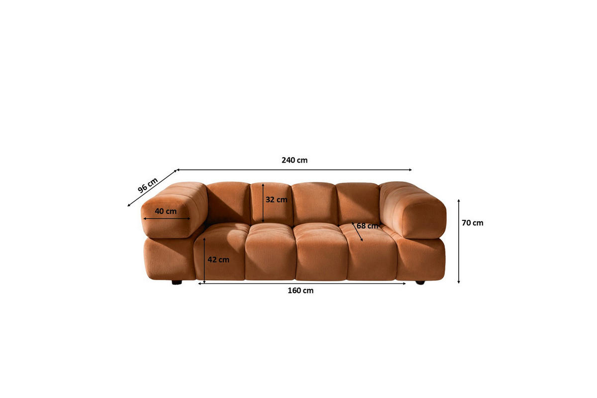 SOFA 3-Sitzer, Couch, Veloursstoff Bluvel, Zimtfarbe, Averro - Orange, Holz (240/70/96cm) - Kaiser Möbel