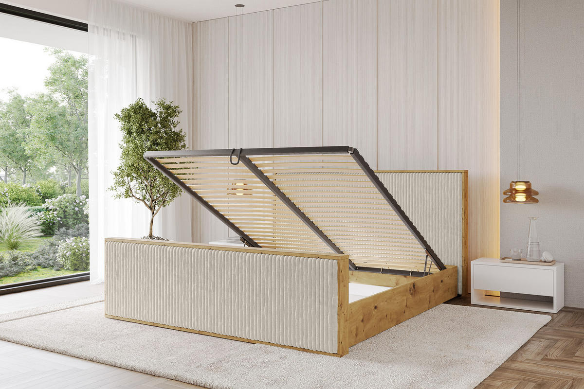 POLSTERBETT mit Bettkasten und Lattenrost, Boxbett mit Stauraum und Kopftei mit Matratze H3/H4 - ENZO10 120x200 Creme - Beige, Holzwerkstoff/Textil (120/200cm) - ALTDECOR