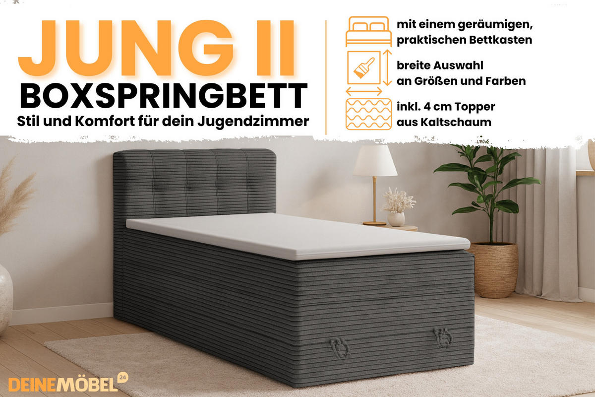 BOXSPRINGBETT JUNG 2 100/200 Cord Anthrazit mit Matratzen H3 + H4 - Anthrazit, Holz/Holzwerkstoff (100/200cm) - Deine Möbel 24