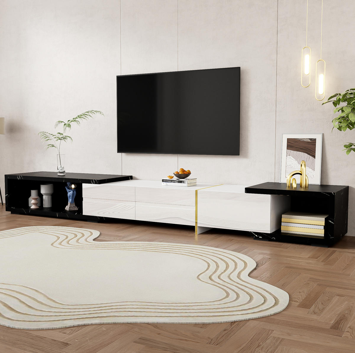 TV-LOWBOARD aus MDF und Spanplatte 140-260x40x30 cm Weiß/Schwarz in Marmoroptik, dreh- und ausziehbar - Weiß, Holzwerkstoff (260/30/40cm) - IVMEU