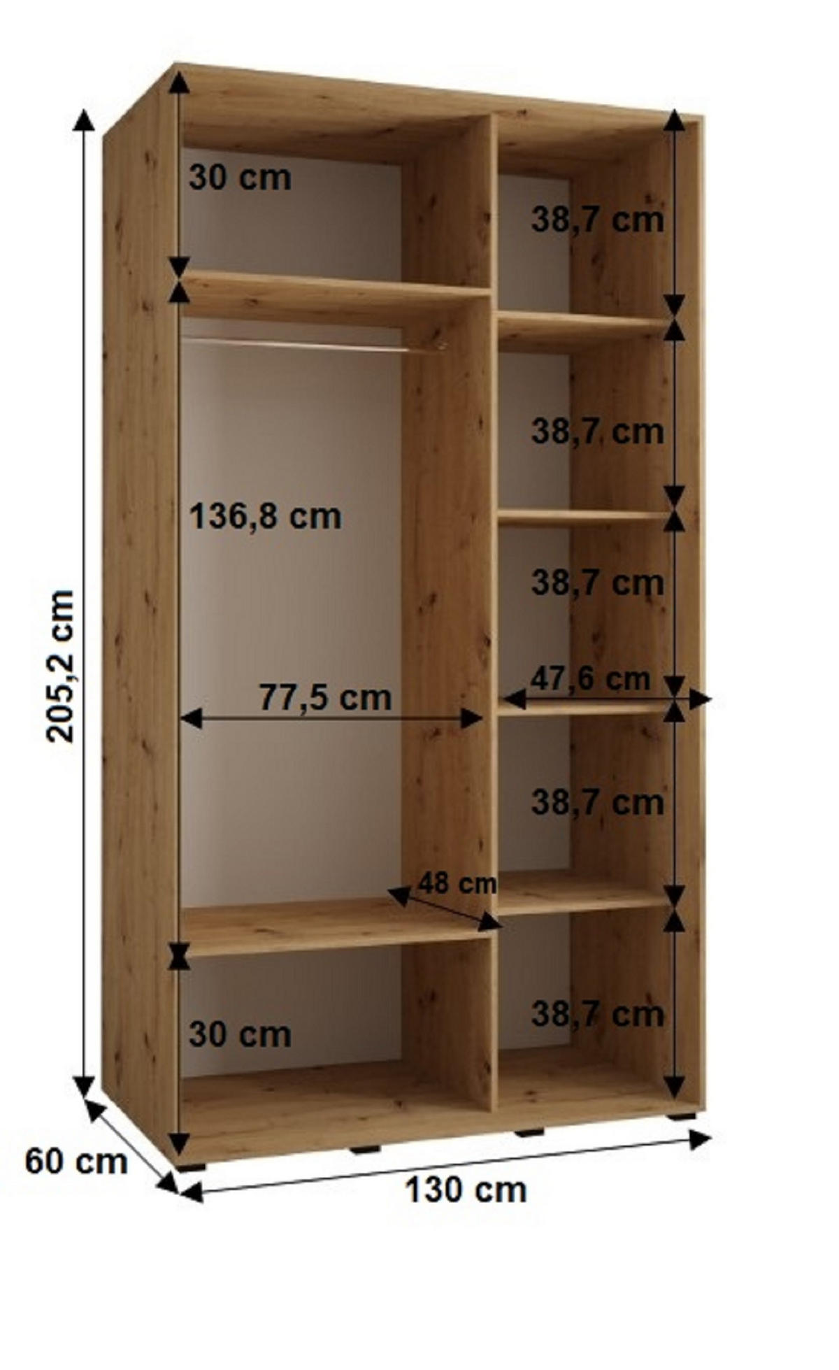 SCHWEBETÜRENSCHRANK 205,2/130/60 2-türig - Schwarz/Weiß, Holz/Metall (130/205.2/60cm) - Abiks Möbel