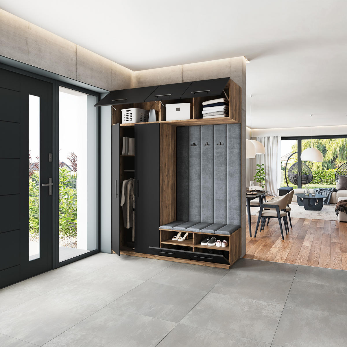 GARDEROBENSCHRANK REMA 180/240/60 cm Modern Garderobe-Set Eiche Lefkas - Eichefarben/Schwarz, Holzwerkstoff (180/240/60cm) - MASSENO