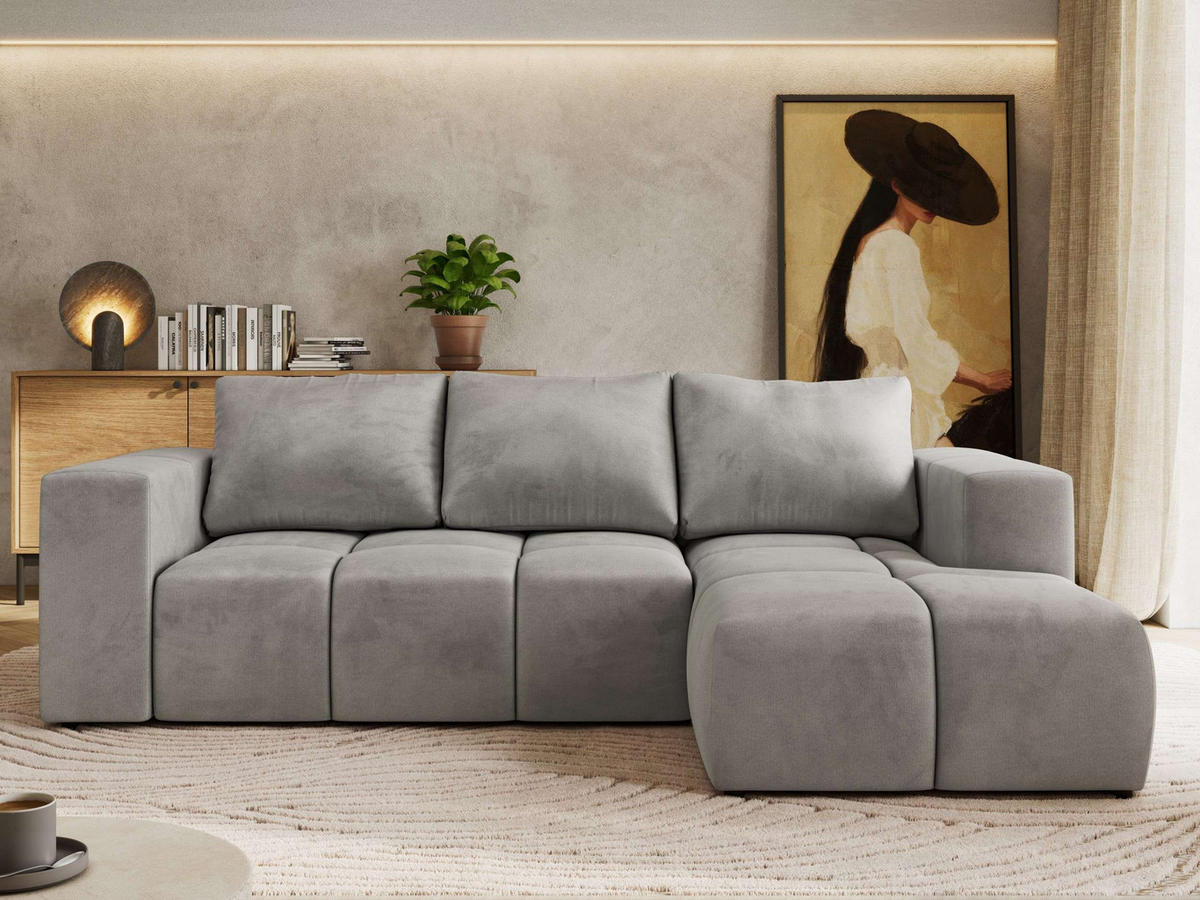 ROHOVÁ SEDAČKA MONIVA L - Světle šedá Samet - Pravá Strana - černá/světle šedá, textil/plast (266/164cm) - MKS
