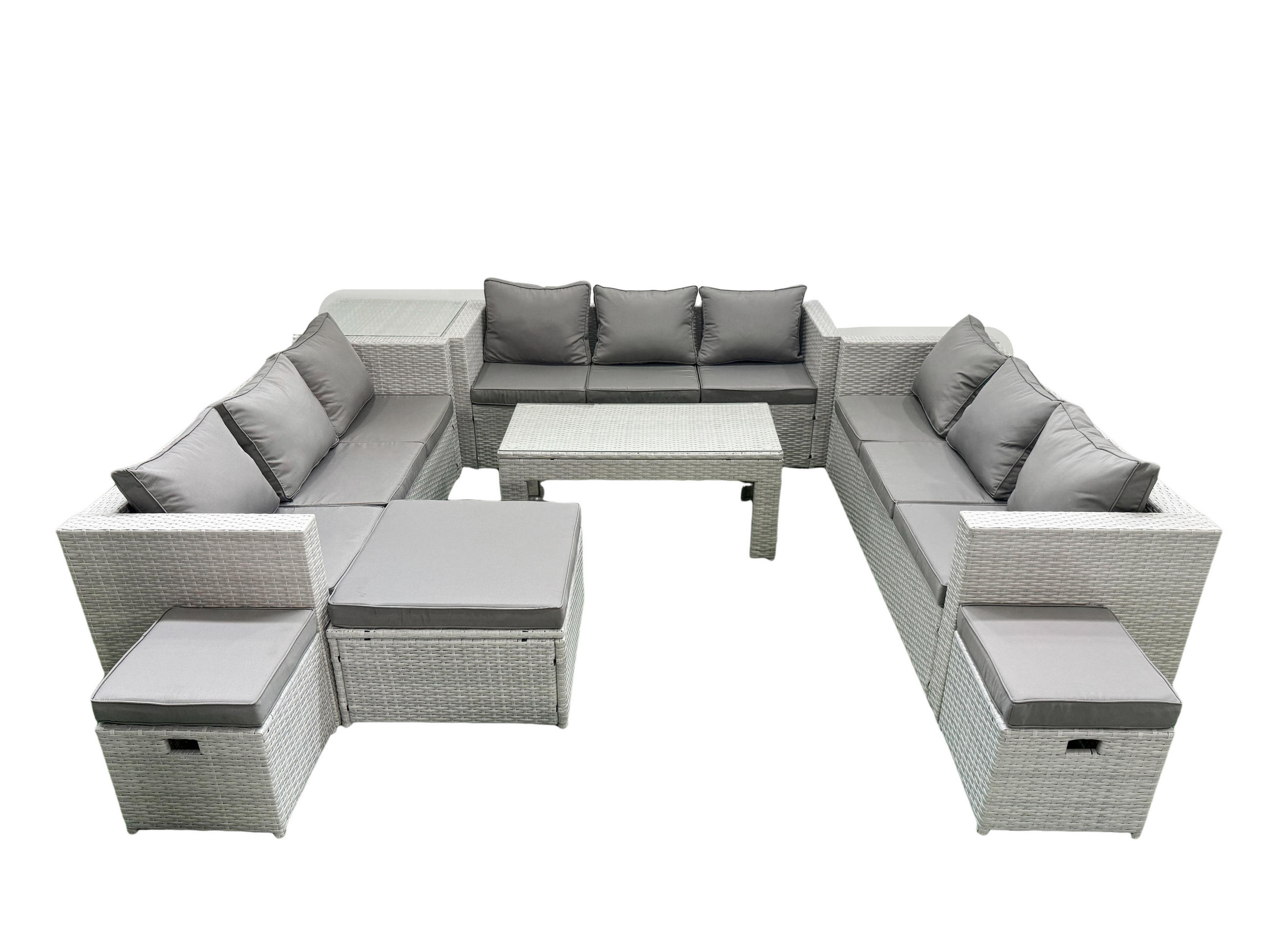 BALKONMÖBEL-SET Polyrattan Hellgrau-Mix 12-teilig - Hellgrau/Grau, Glas/Kunststoff - Fimous