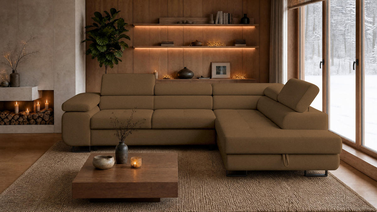 ECKSOFA Velmo mit Bettkasten und Schlaffunktion, verstellbaren Kopfstützen, in L-Form - Braun, Textil (275/203cm)