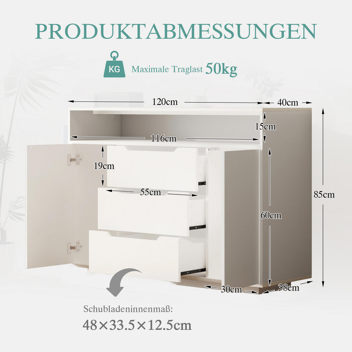 SIDEBOARD 120/40/85 cm weiß aus Holzwerkstoff mit offenem Regal, 3 Schubladen und LED - Weiß, Holzwerkstoff (120/85/40cm) - OKWISH
