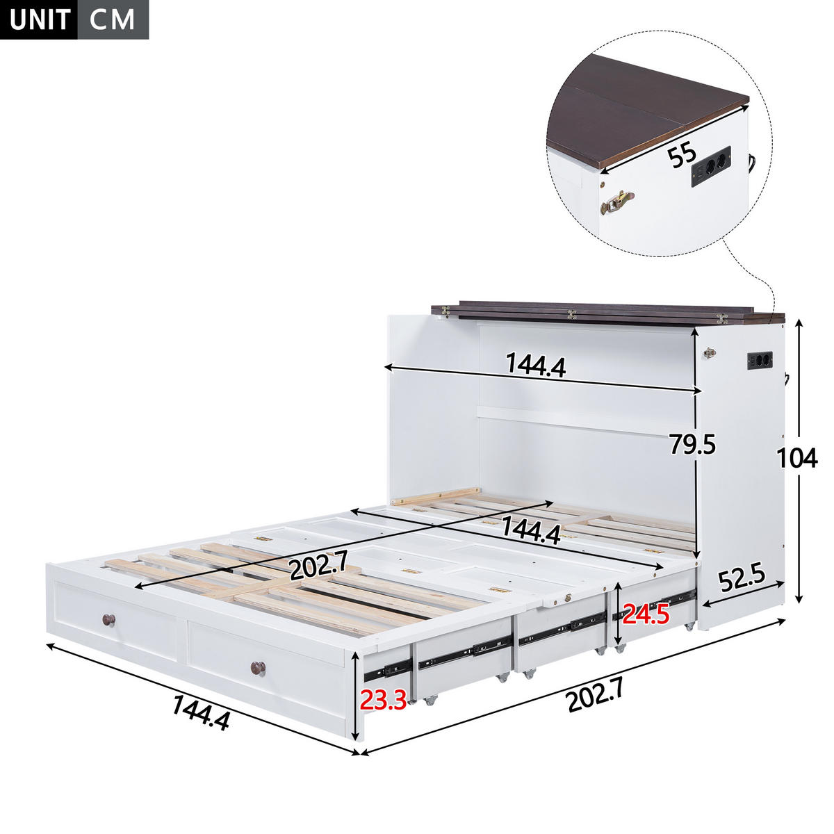 SCHRANKBETT 140x200cm Weiß mit Schubladen und Regal USB Steckdose - Weiß, Holz (140/200cm) - FLIEKS
