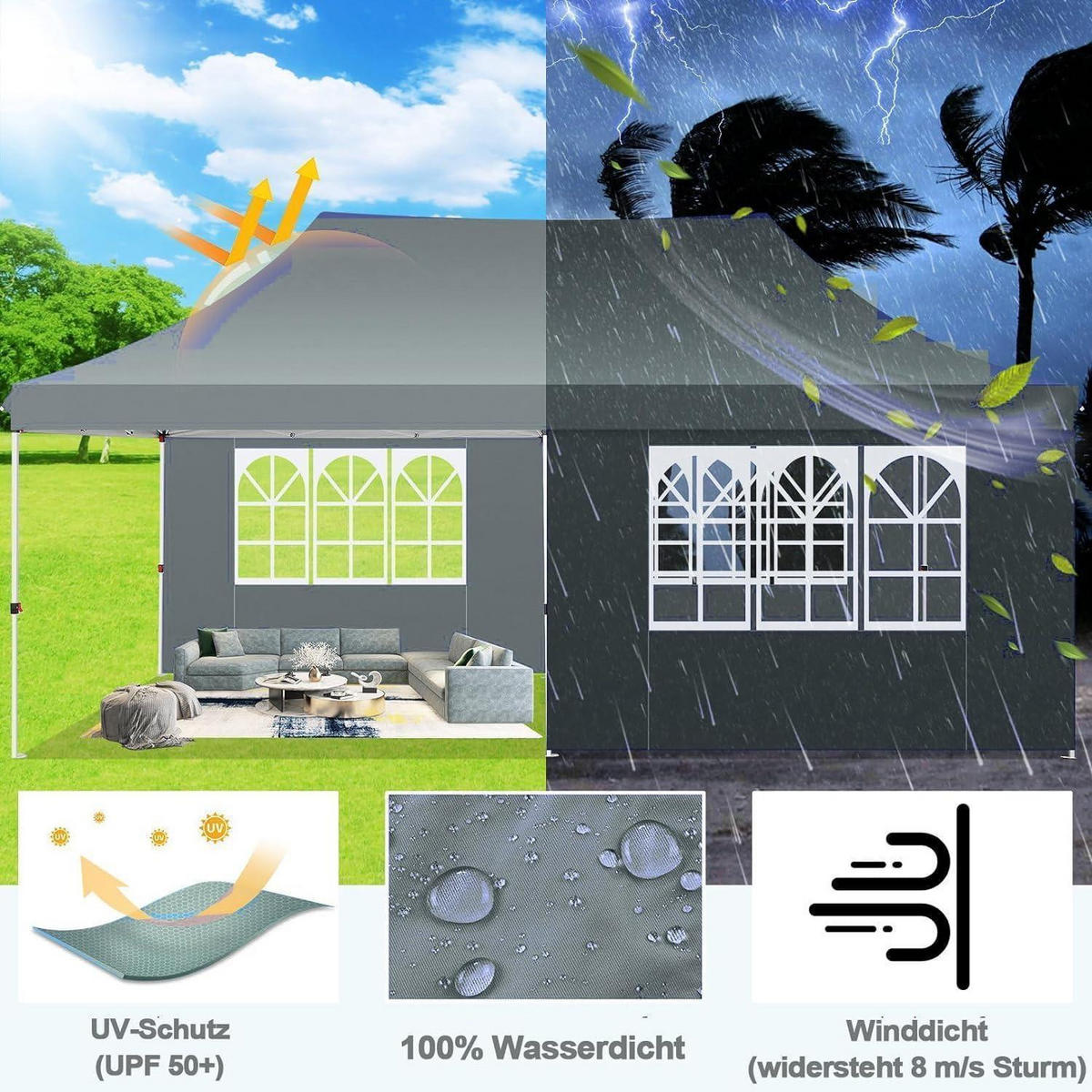 FALTPAVILLON 3x6m Grau Wasserdicht mit 6 Seitenwänden - Grau, Textil (299.7/294.6/599.4cm)