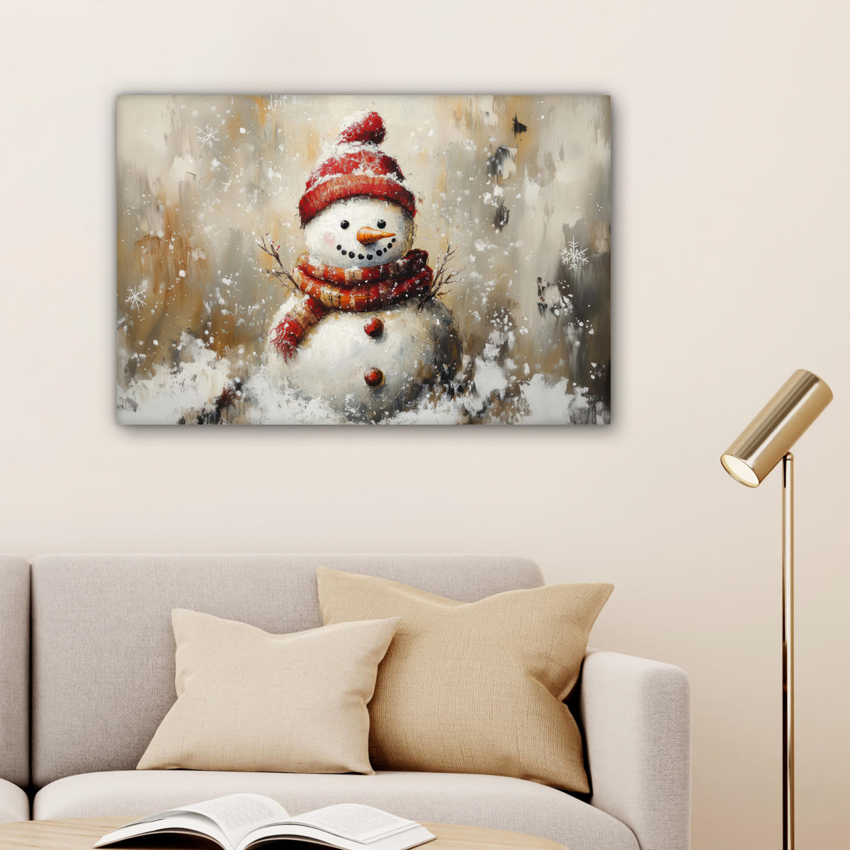 LEINWANDBILD Schneemann - Winter - Schnee - Beige Gemälde 60x40 cm - Weiß, Textil (60/40cm) - MuchoWow