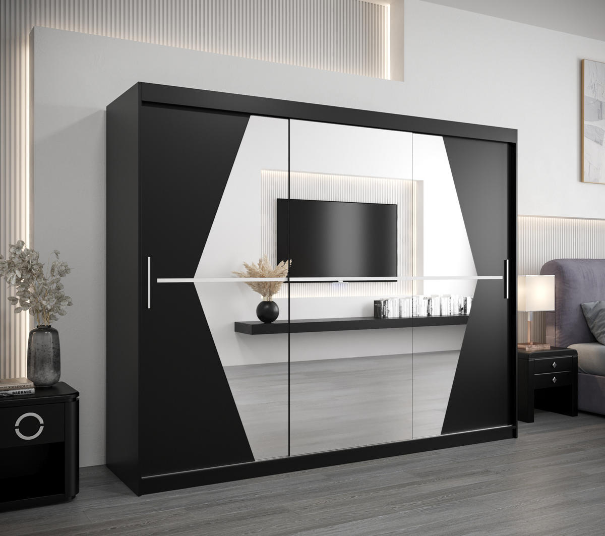 SCHWEBETÜRENSCHRANK 200/250/62 3-türig - Silberfarben/Schwarz, Holz/Kunststoff (250/200/62cm) - MÖBEL KRYSPOL