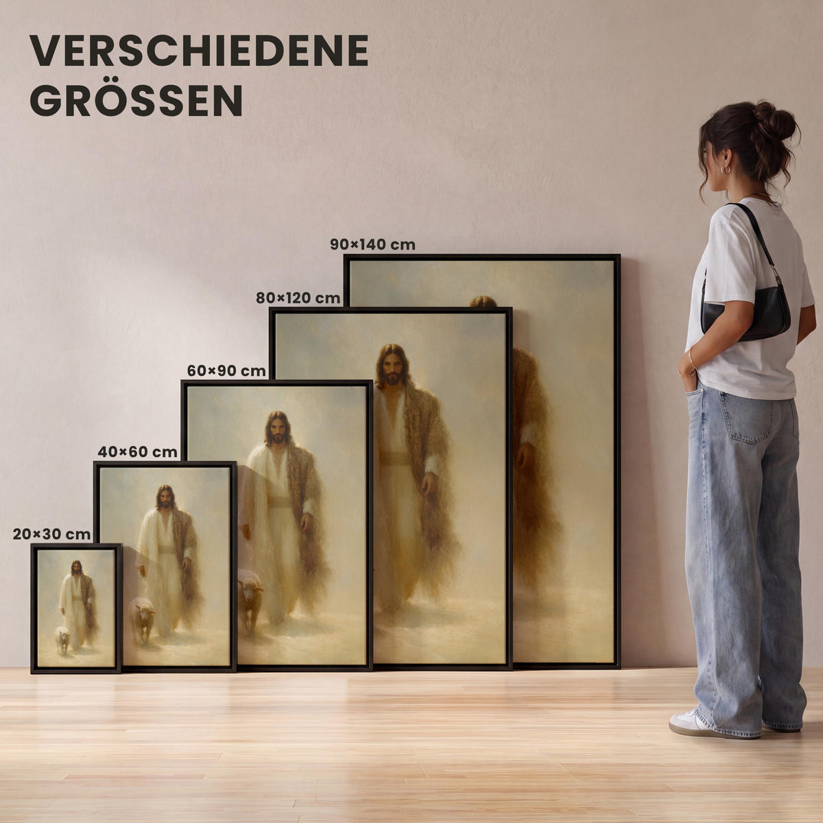 LEINWAND Bilder mit Rahmen - Schaf - Jesus - Pinselstriche - Abstrakt - 100x150 - Beige, Textil (100/150cm) - MuchoWow