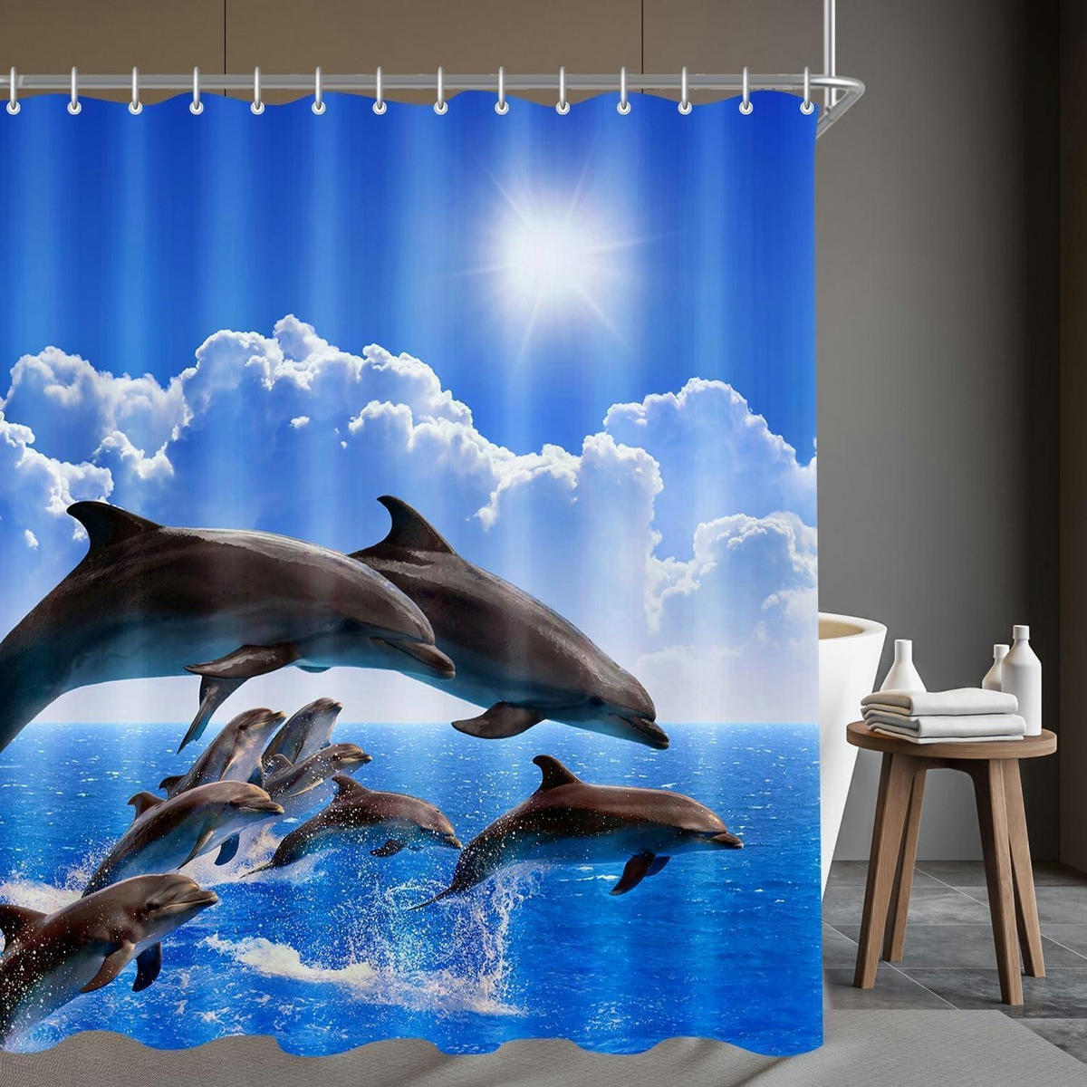 DUSCHVORHANG 200 x 200 cm Delphin Muster Wasserabweisend Waschbar Polyester - Multicolor, Textil (200/200cm)