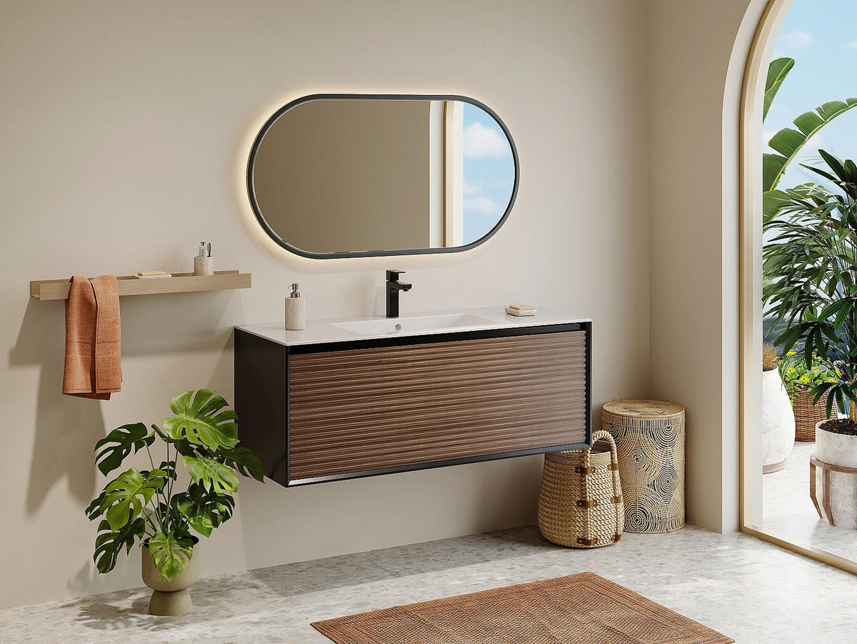 WASCHBECKENUNTERSCHRANK hängend - Streifenoptik - Holzfarben dunkel & Schwarz - 120 cm - BANIVA - Schwarz, Holz (120/45/45.8cm) - Vente-Unique