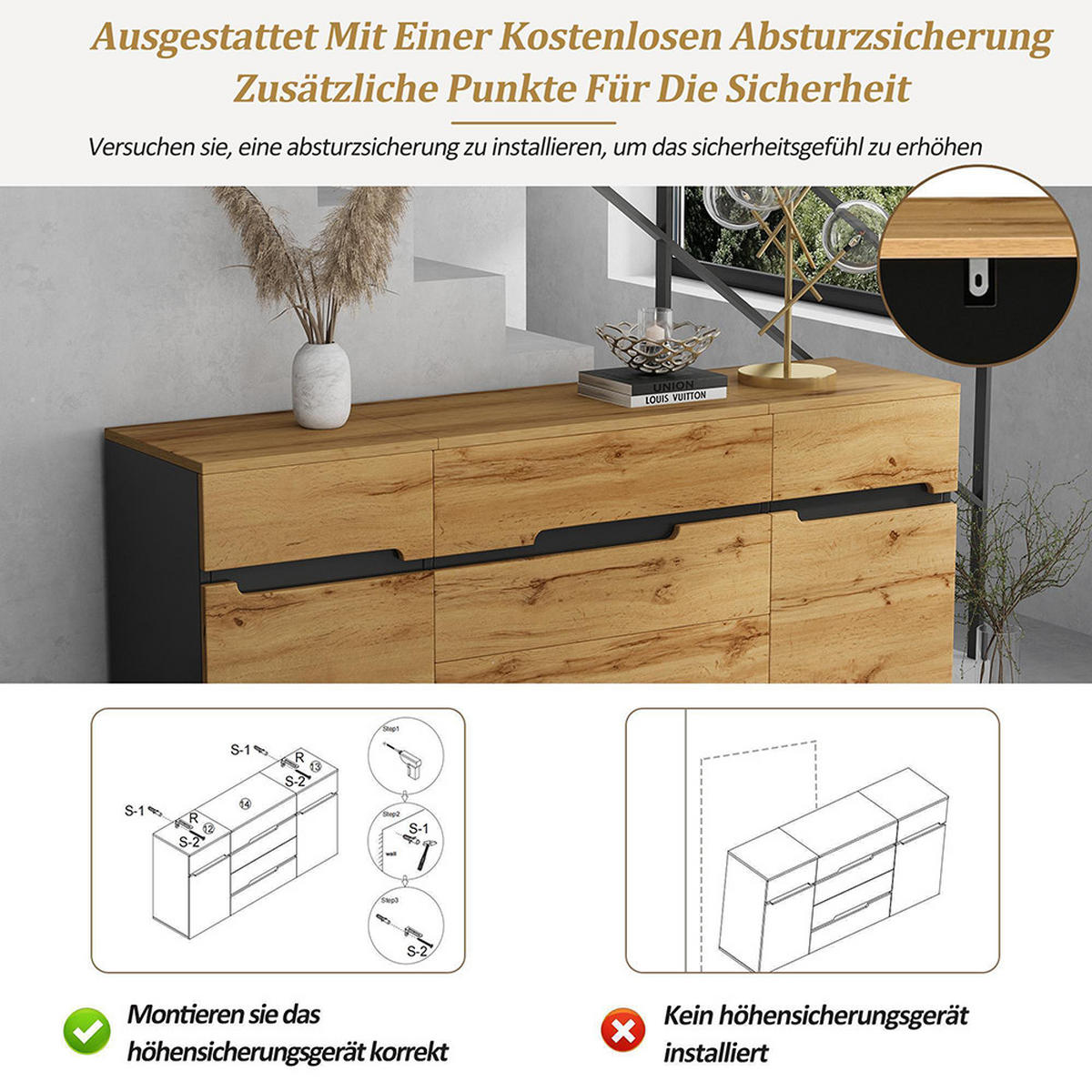 KOMMODE 160 x 40 x 80 cm mit 4 Schubladen, Holzfarbe + Schwarz - Naturfarben, Holzwerkstoff (40/80/160cm) - KOMHTOM