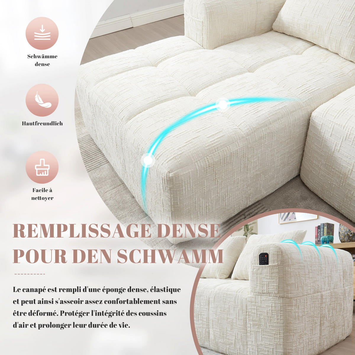 ECKSOFA 3-Sitzer mit Chaiselongue Taschen, Beige Chenille - Beige, Textil (158/250cm) - Urban Meuble