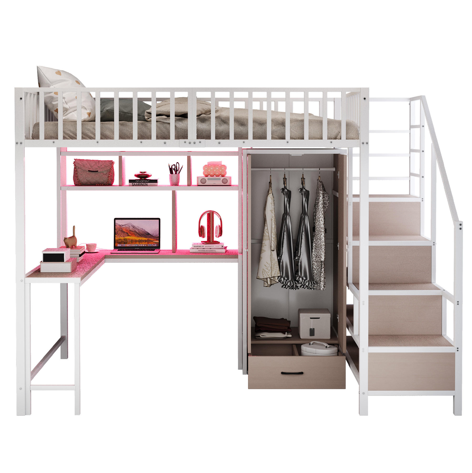 HOCHBETT 140/200 cm Weiß mit Schreibtisch, Kleiderschrank und LED-Beleuchtung - Weiß, Metall (140/200cm) - Flora Grace