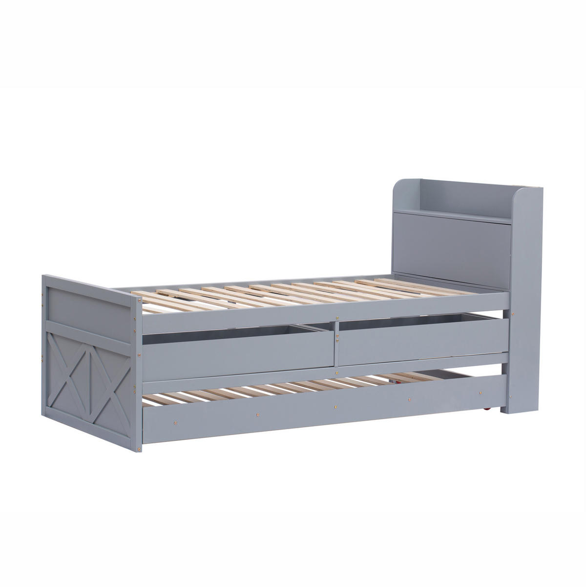 HOLZBETT 90/190 cm in Grau – mit USB, Ausziehbett, 2 Schubladen & Lattenrost - Grau, Holz (90/200cm) - BEAOK