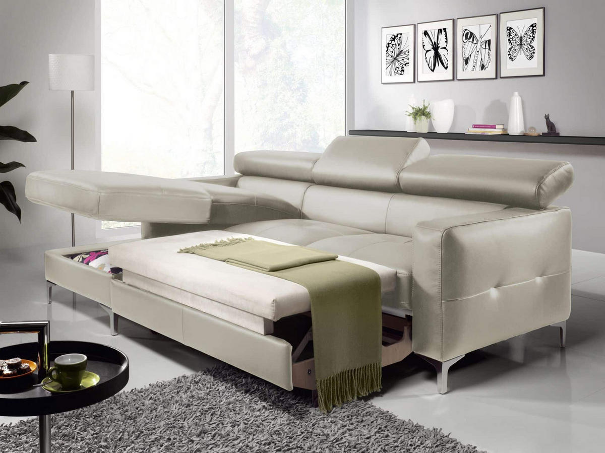 ECKSCHLAFSOFA mit Echtlederbezug, Schlaffunktion & Bettkasten - Chromfarben/Silberfarben, Leder/Holz (227/168cm) - Cotta