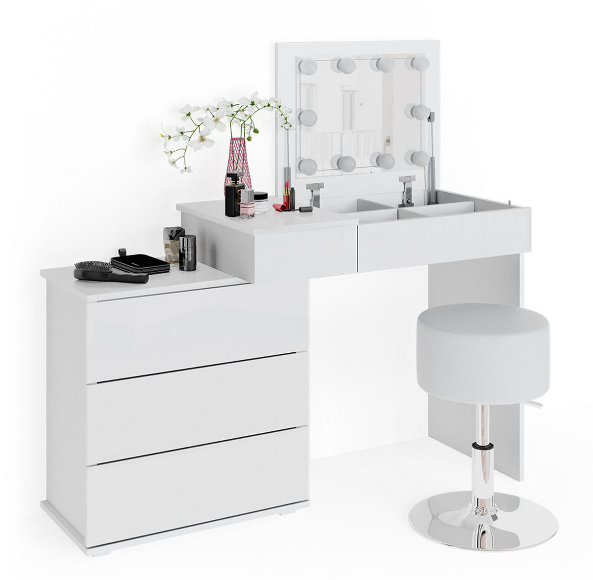 SCHMINKTISCH Lotos Weiß 117.4 cm mit LED Beleuchtung und Hocker - Weiß, Holzwerkstoff (117.4/78/45cm) - Vicco
