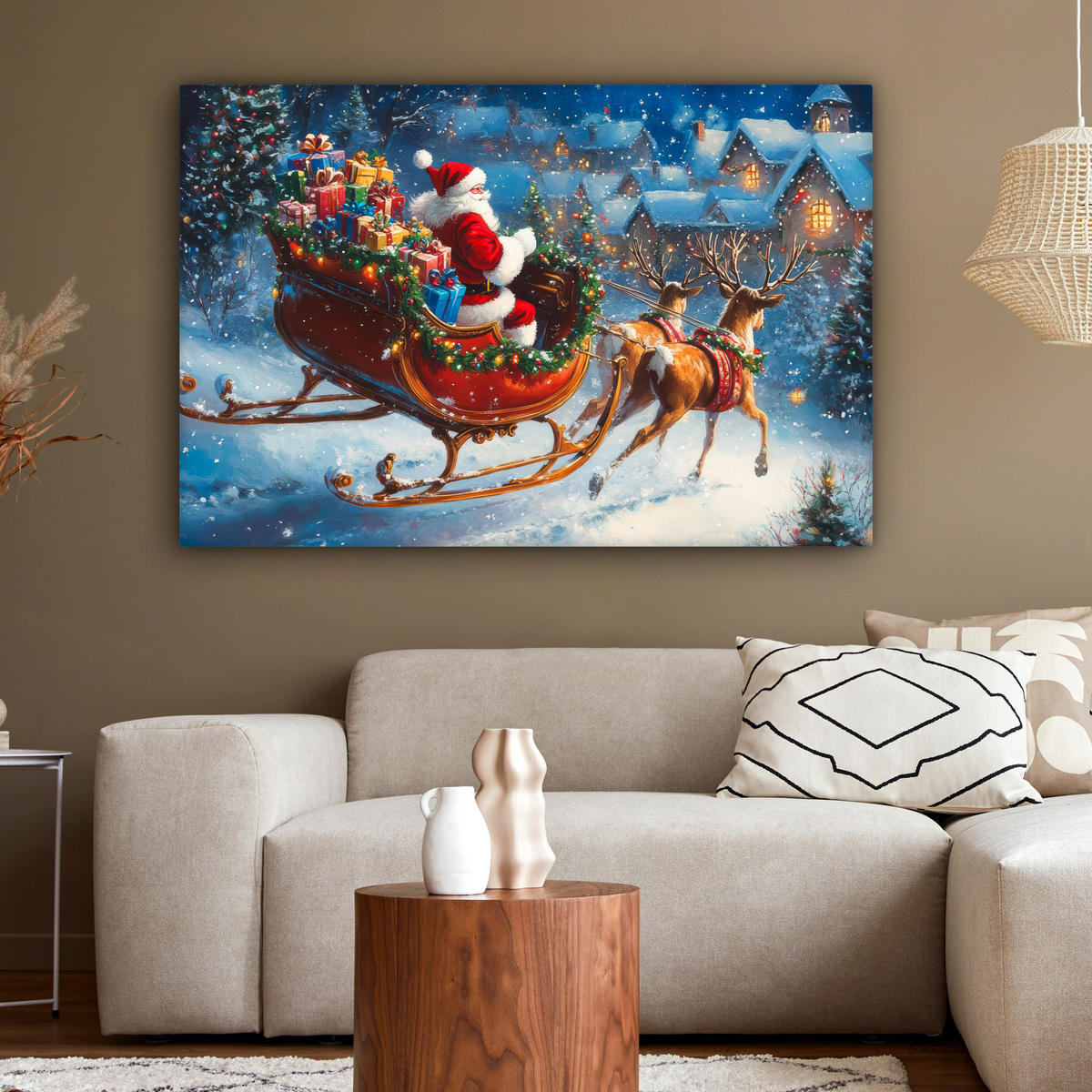 LEINWANDBILD Weihnachtsmann - Rentier - Weihnachten - Schnee Wohnzimmer 120x80 cm - Cognac, Textil (120/80cm) - MuchoWow