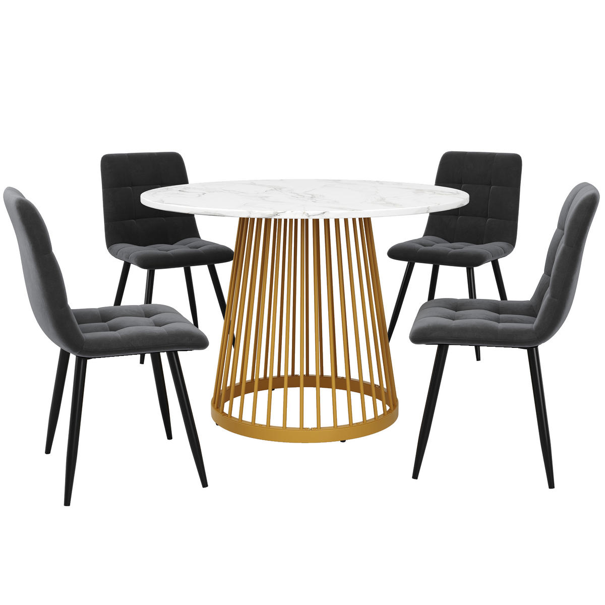 ESSTISCHSET 5-Teilig Rund 80 Cm, Weiße MDF, 4 Dunkelgraue Samtstühle, Gold - Multicolor, Metall (80/76/80cm) - FLIEKS