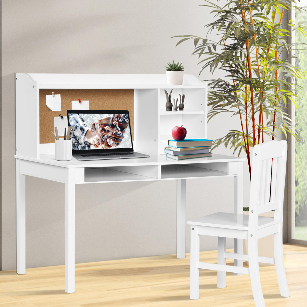 KINDERSCHREIBTISCH mit Hängeplatte weiß(2-tlg) - Weiß, Holzwerkstoff (111.5/110.7/60.5cm) - COSTWAY