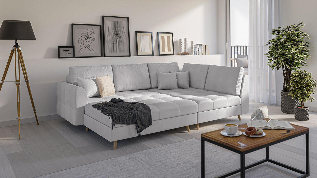 ECKSOFA MIT HOCKER Lorine Mikrofaser Grau - Hellbraun/Grau, Buchenholz/Textil (231/161cm) - S-Style Möbel