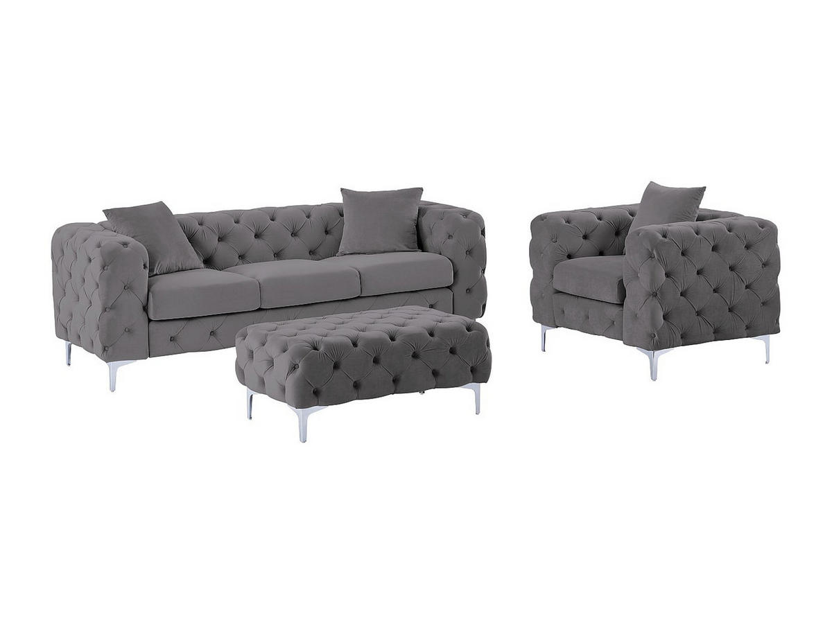 CHESTERFIELD-SOFA 3-Sitzer, Chesterfield-Sessel & Chesterfield-Hocker - Samt - Anthrazit - EDWINA - Anthrazit, Textil (91/76/220cm) - Vente-Unique