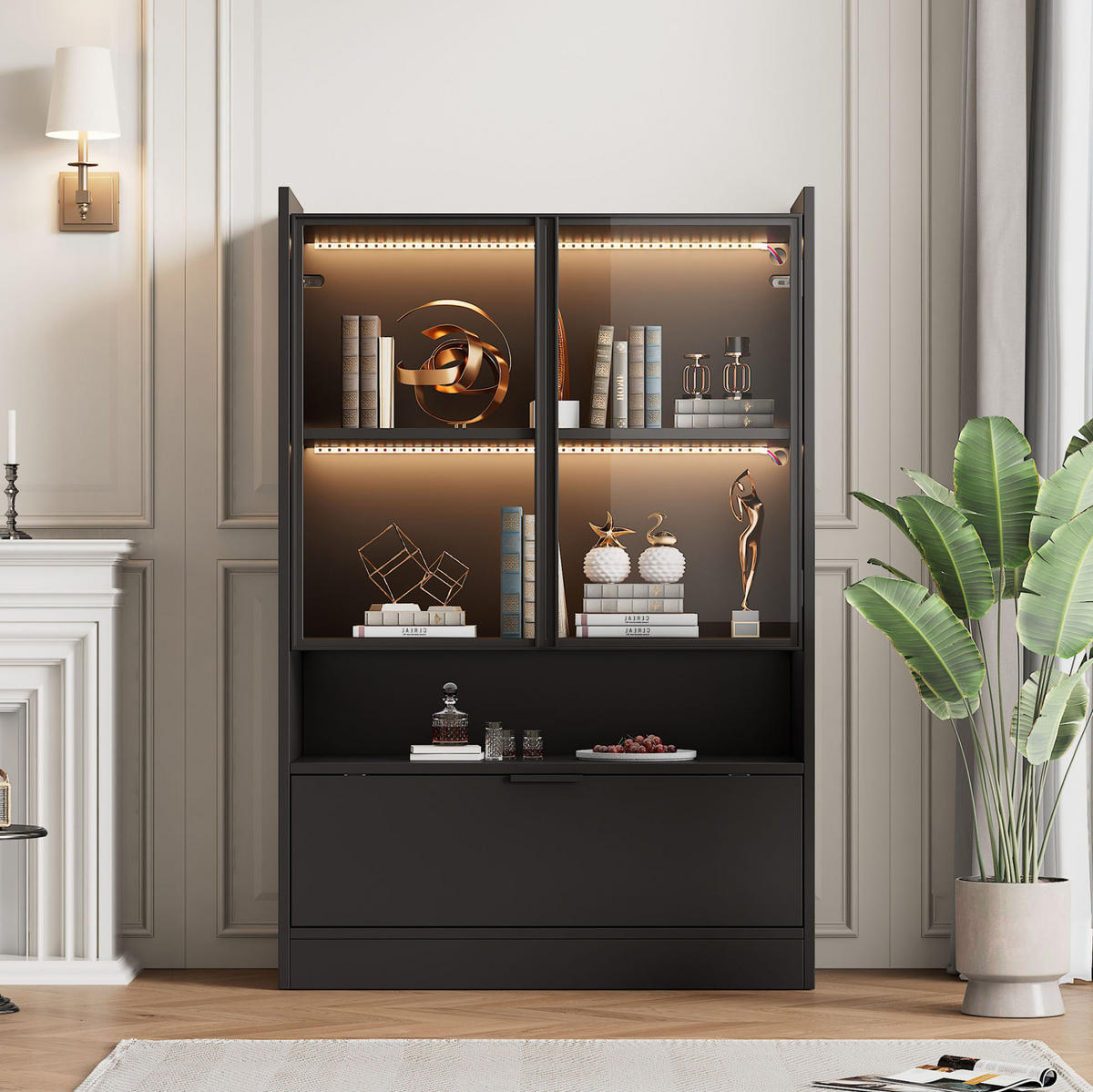 VITRINE 80/35/120 cm aus Spanplatte mit LED-Beleuchtung Schwarz - Schwarz, Holzwerkstoff (80/120/35cm) - Modenvie