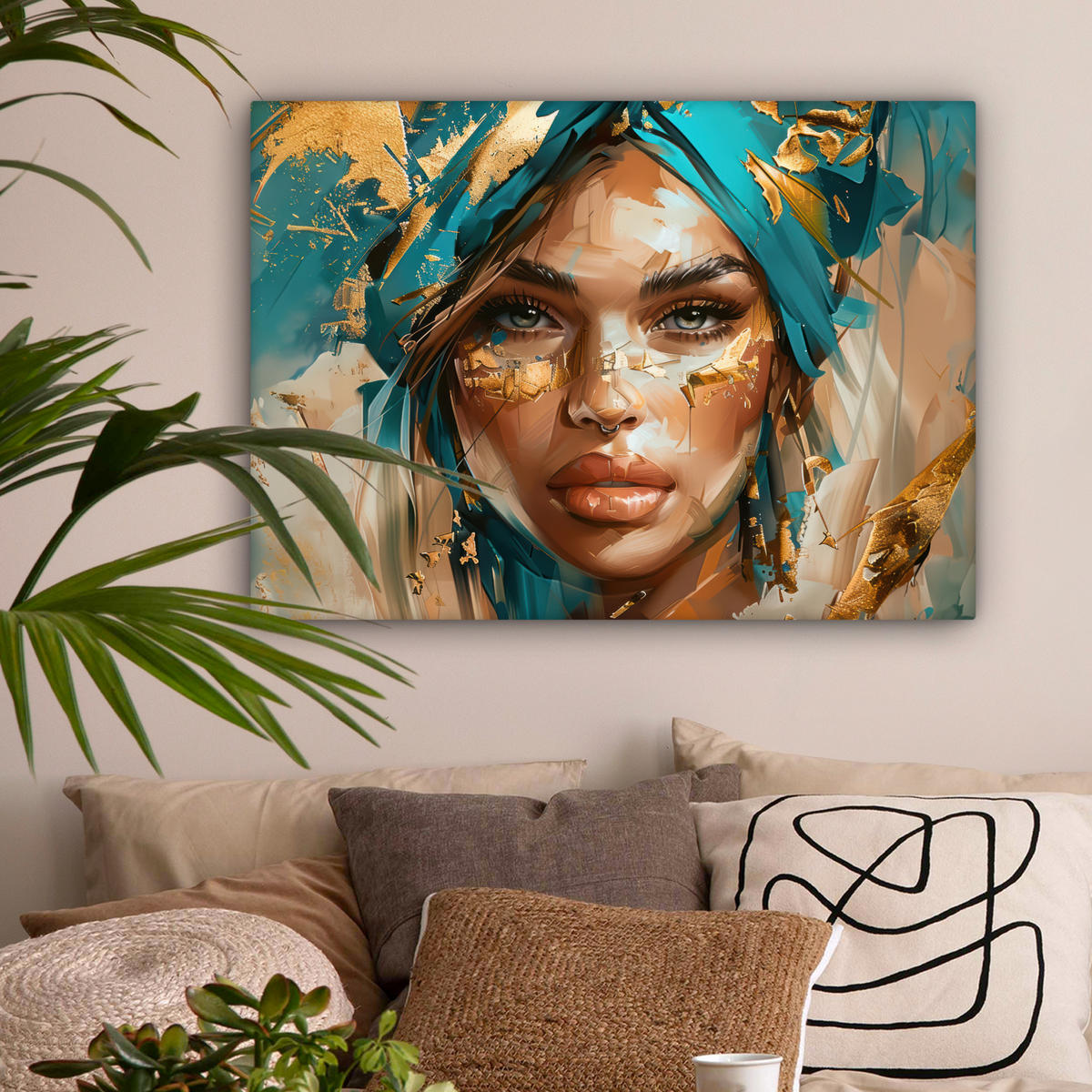 LEINWANDBILD - Frau - Porträt - Gold - Luxus - Blau - 80x60 - Malerei - Türkis, Textil (80/60cm) - MuchoWow