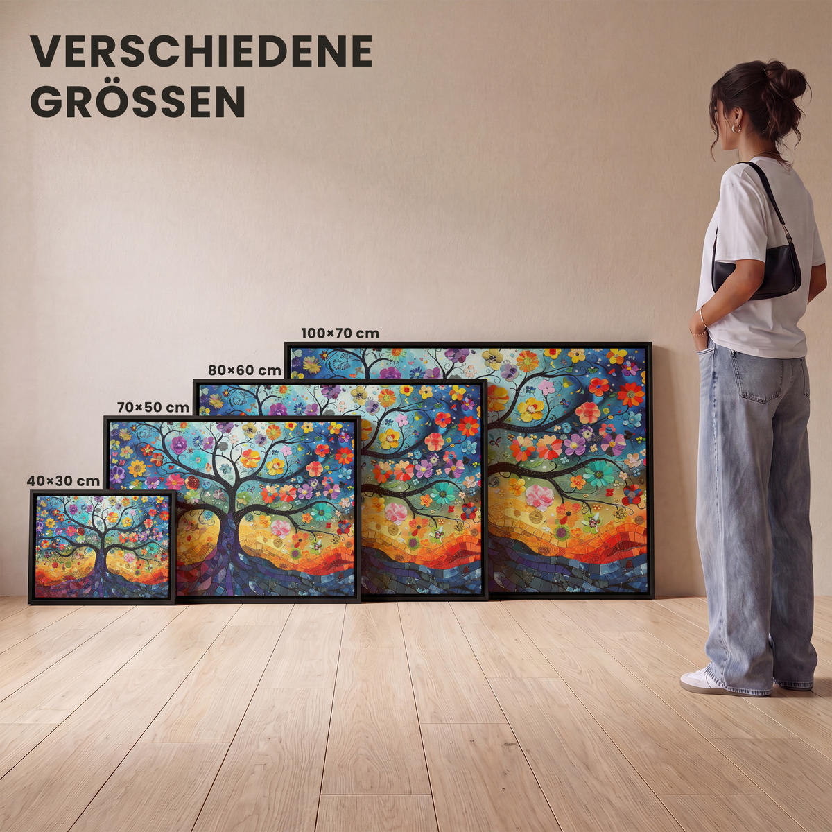 LEINWAND Bilder mit Rahmen - Kunst - Baum des Lebens - Blumen - Hippie - 100x70 - Dunkelblau, Textil (100/70cm) - MuchoWow