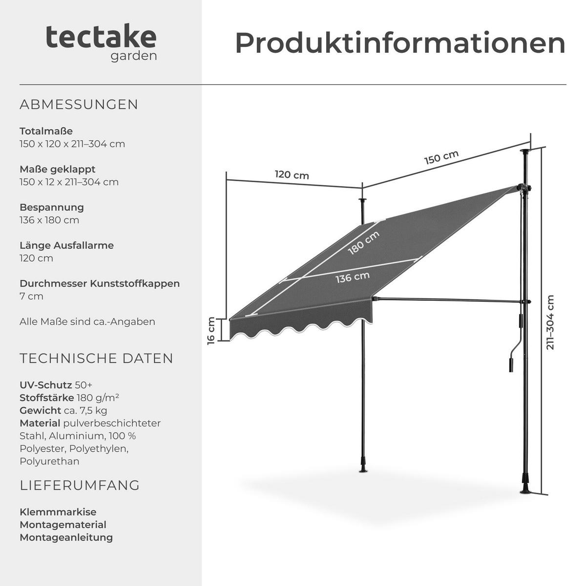 KLEMMMARKISE MIT HANDKURBEL , wasserabweisend, schwarz/grau - Schwarz/Grau, Textil (150/304/180cm) - tectake