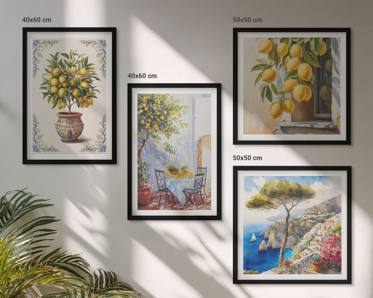 BILDER SET 4er Set - 50x50 cm & 40x60 cm Schwarzer Rahmen - Zitronenbäume in der Sonne - Schwarz, Kunststoff (50/50cm) - TULUP