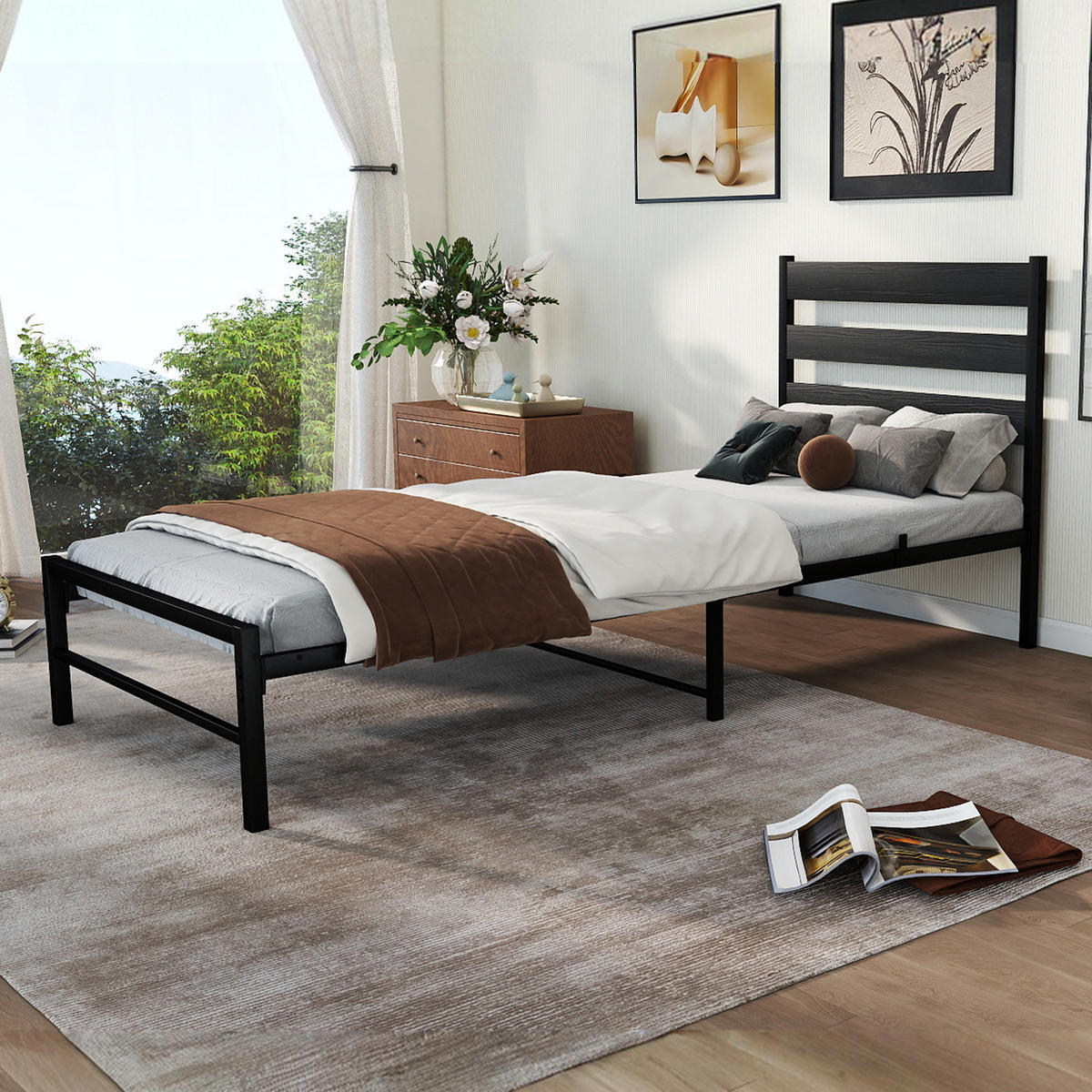 METALLBETT 90/200 cm Schwarz mit komfortablem Kopfteil - Schwarz, Metall (90/200cm) - OKWISH