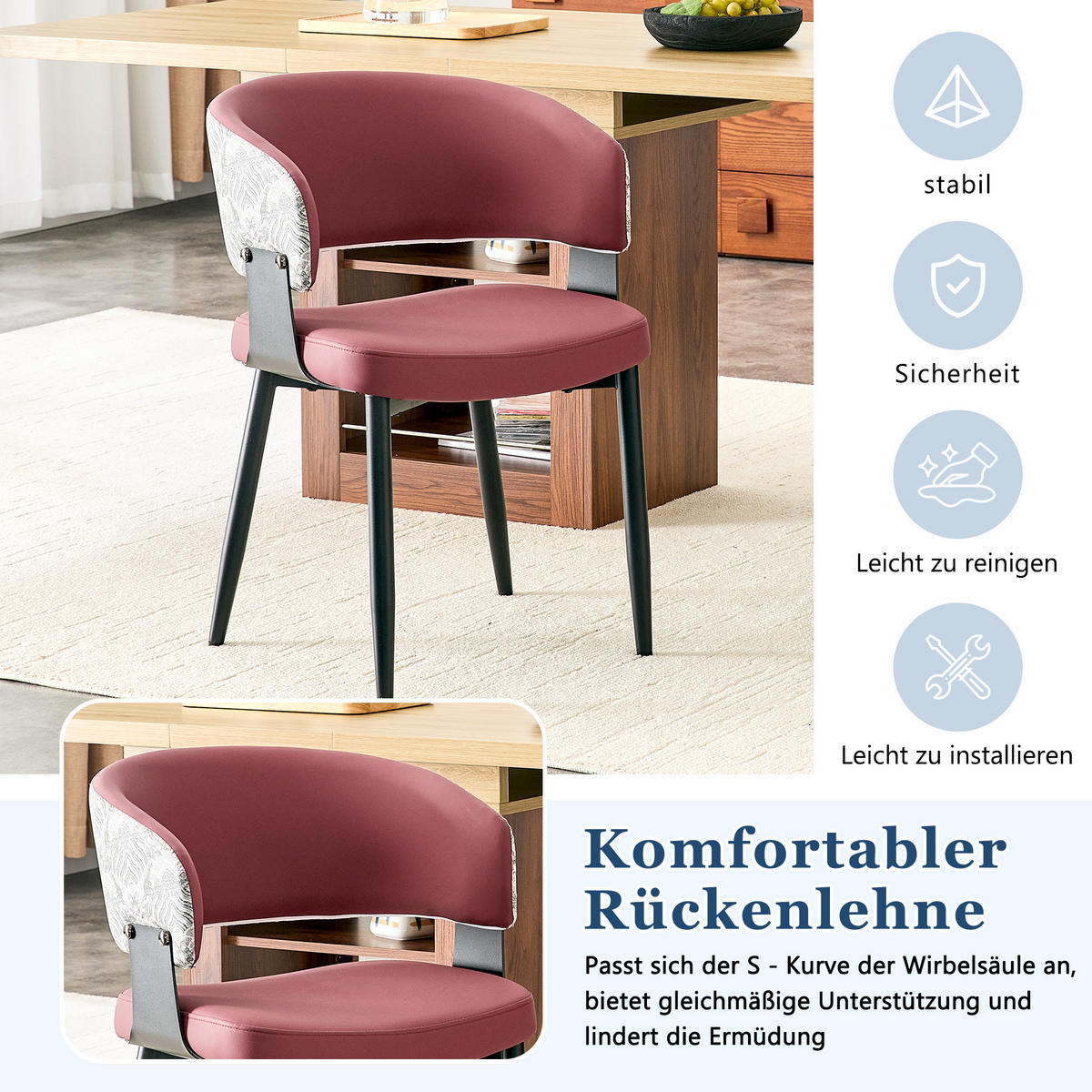 ARMLEHNSTUHL-SET DE-36711 2 Stück im Mid-Century-Modern-Stil mit gemusterter Rückenlehne Rot - Rot, Metall (48/77.3/46.5cm) - ComfortXL