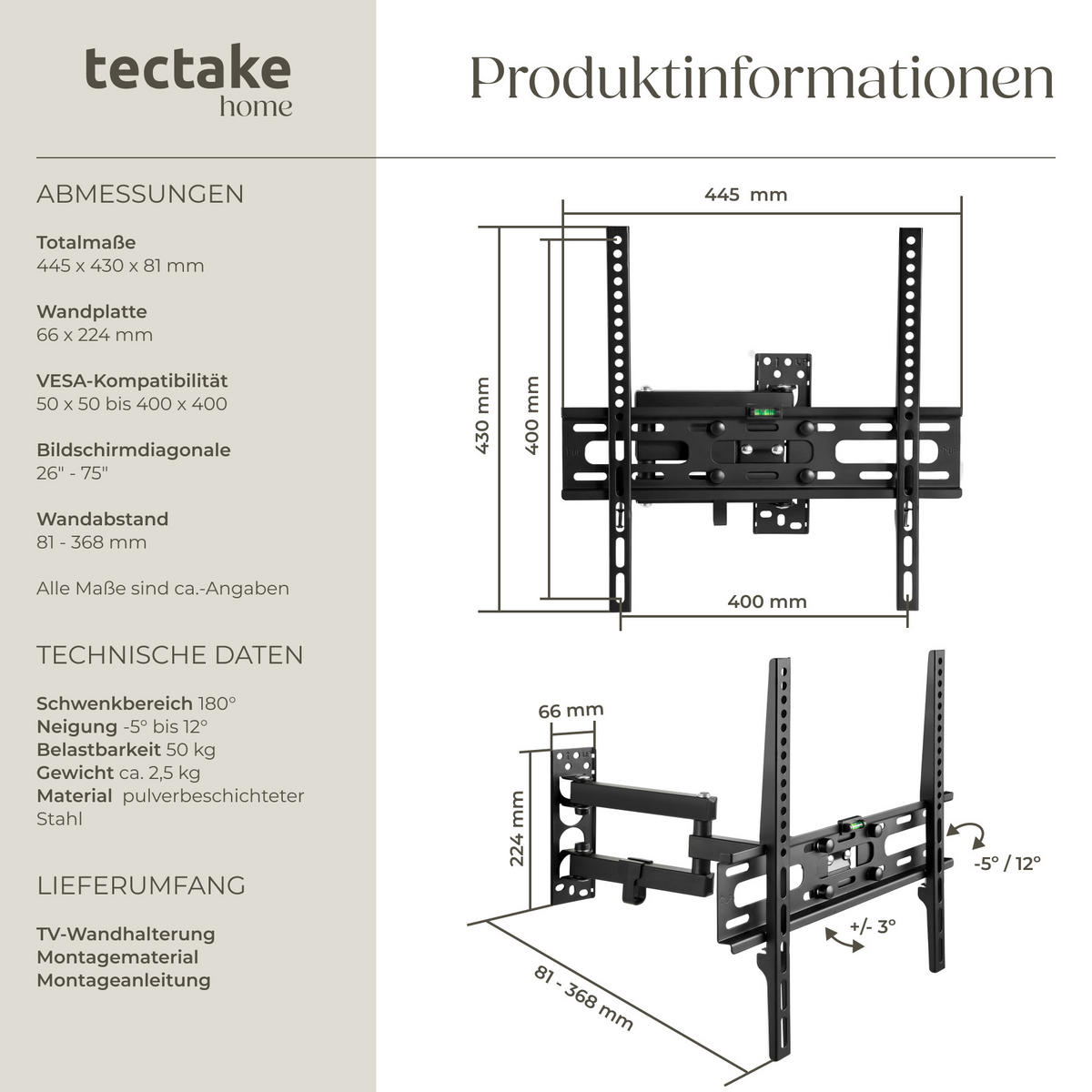 TV-WANDHALTERUNG, bis 50 kg,schwarz - Schwarz, Metall (8.1/43/44.5cm) - tectake