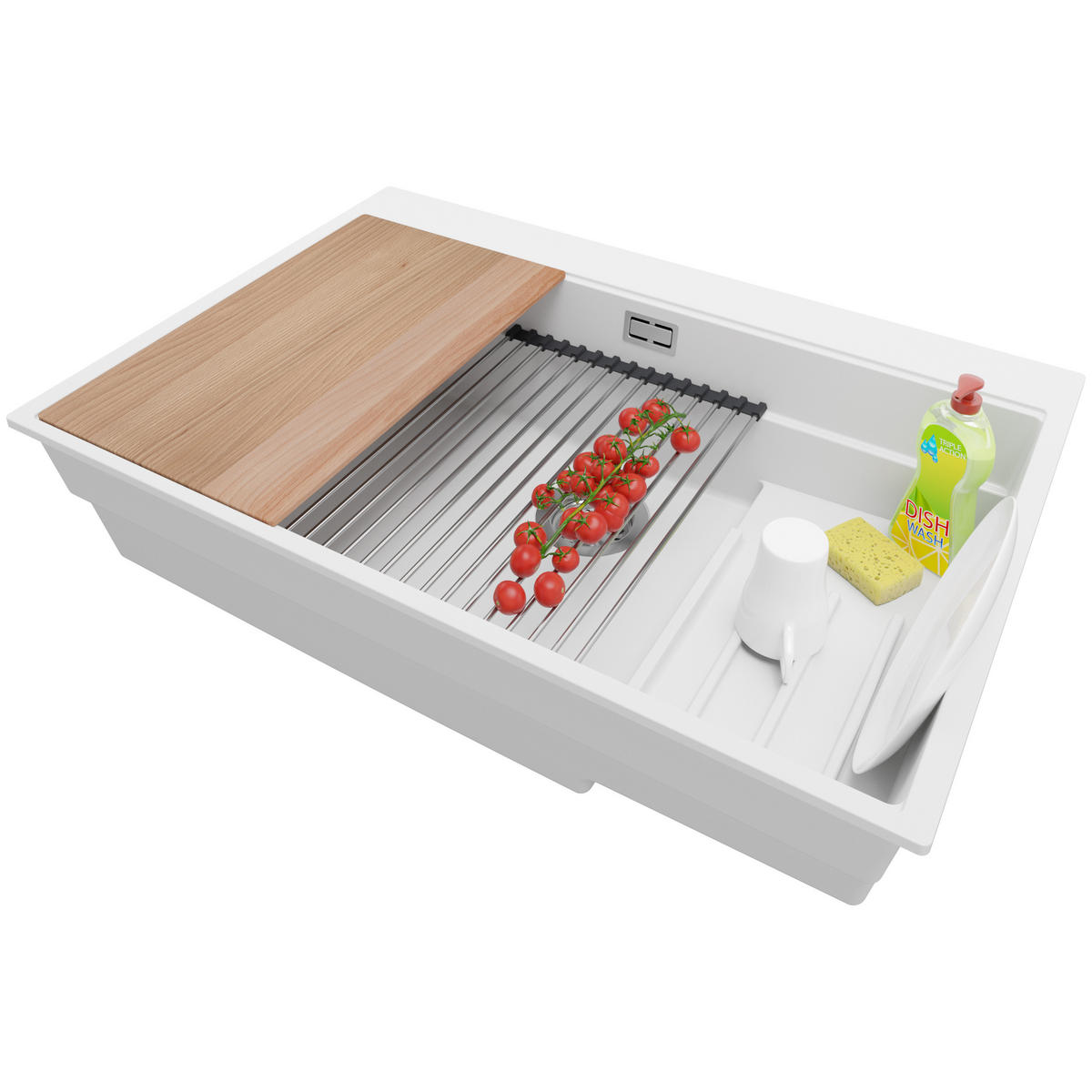 SPÜLBECKEN Oslo Max, 2-er set Weiß 78/53 cm 1 Becken + Ablauf-Set + Küchenzubehörset ab 80er Unterschrank - Chromfarben/Beige, Kunststoff (78/20/53cm) - Primagran