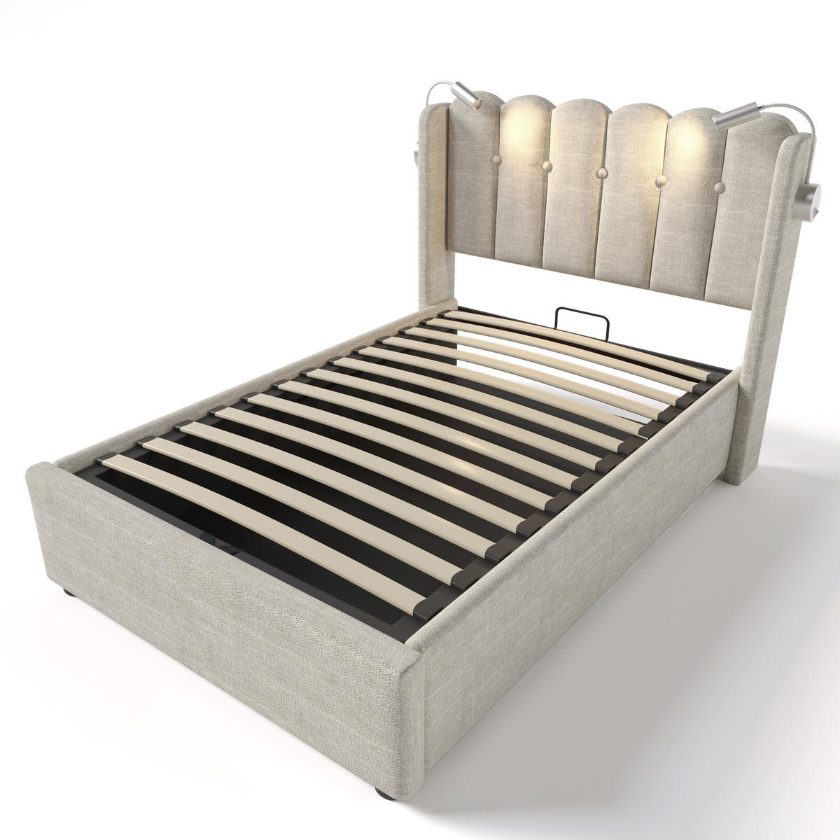 POLSTERBETT 90/200 cm mit Leselicht und Ladefunktion aus Leinen in Natur Ohne Matratze - Naturfarben, Textil (90/200cm) - OKWISH