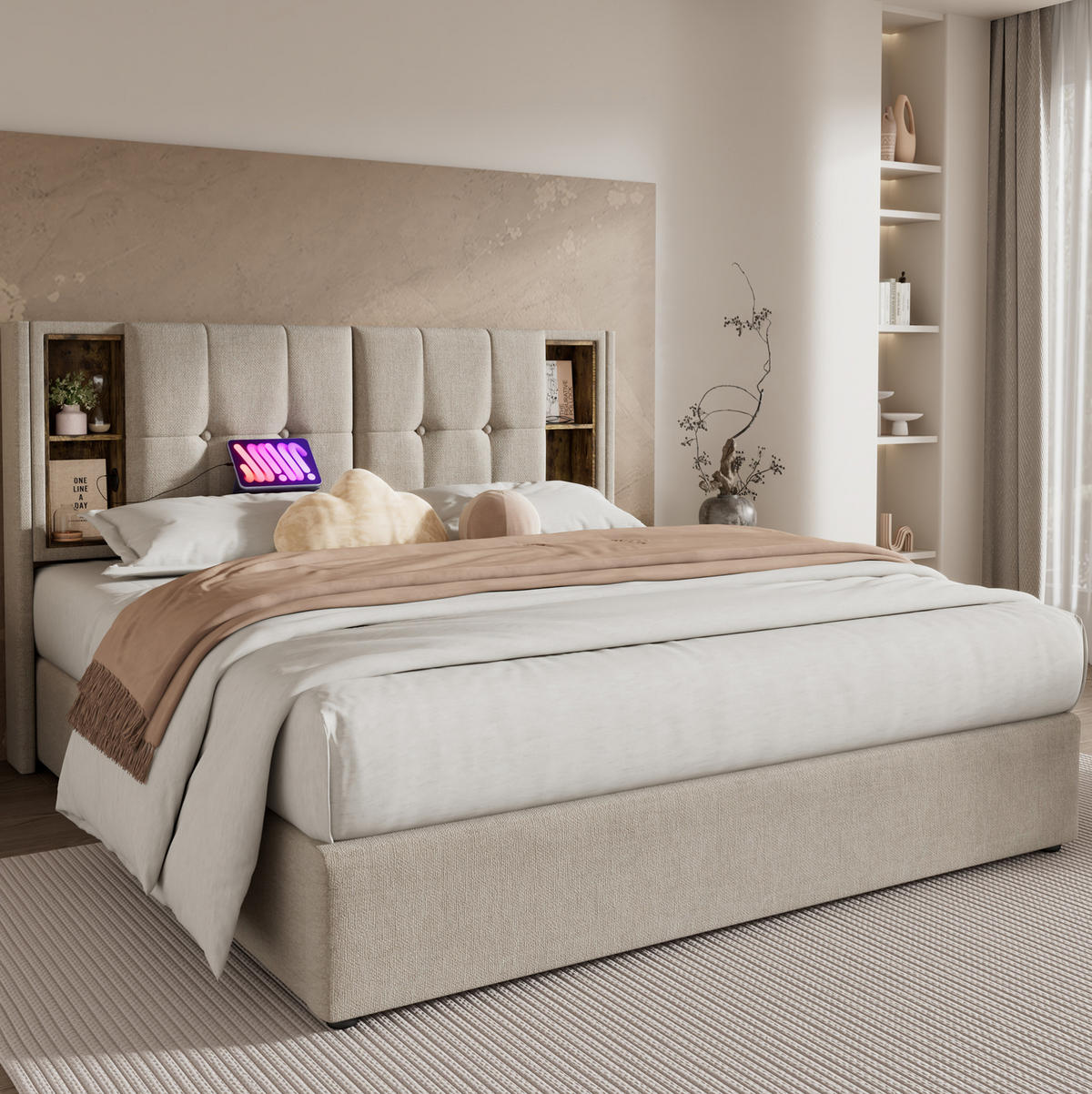 POLSTERBETT 160/200 cm mit Bettkasten, USB-C, kabellosem Laden und Matratze - Naturfarben, Textil (160/200cm) - BEAOK