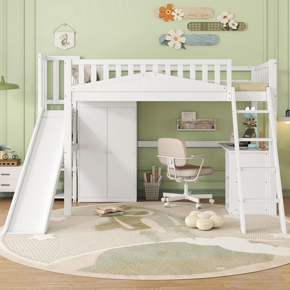 ETAGENBETT 90/200 cm Weiß mit Fallschutzgitter und Tisch aus Kiefer+MDF - Weiß, Holzwerkstoff (90/200cm) - OKWISH