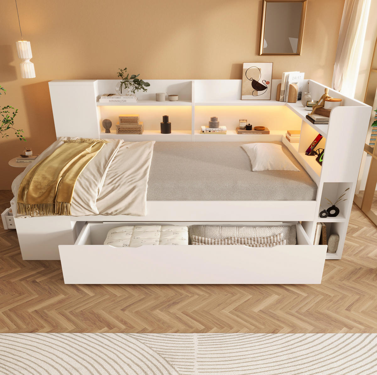 POLSTERBETT 90/190 cm mit LED-Beleuchtung, USB- und Typ-C-Anschluss, Stauraum und Lattenrost, Weiß - Weiß, Textil (90/190cm) - Redom