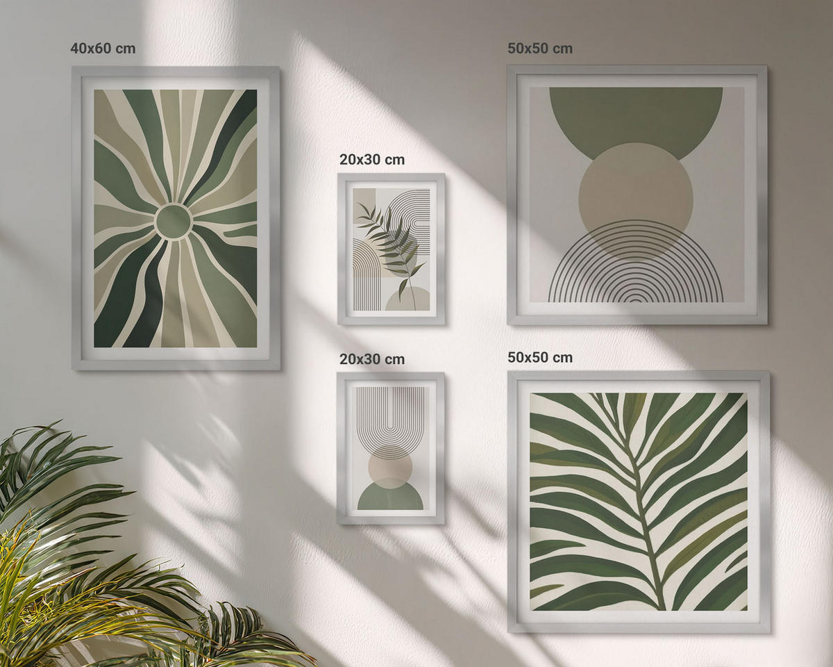 WANDBILDER 5er Set - 50x50 cm & 20x30 cm & 40x60 cm Silberner Rahmen - Abstrakte Blätter im Boho-Stil - Silberfarben, Kunststoff (40/60cm) - ArtPrintCave