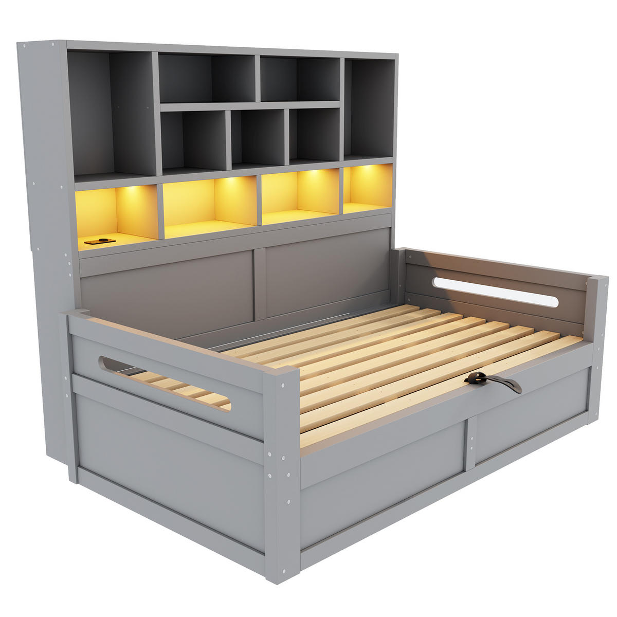 STAURAUMBETT 90/200 cm mit hydraulischem Stauraum und LED, DE-41642, in Grau - Grau, Holzwerkstoff (90/200cm) - ComfortXL