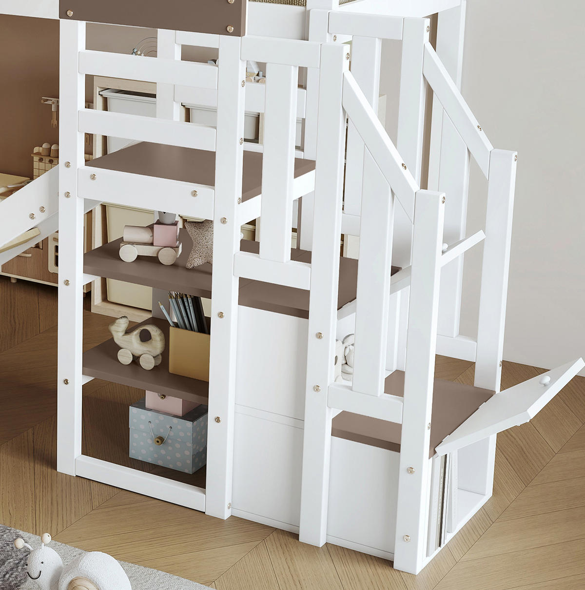ETAGENBETT 90/200 cm mit Rutsche, Stauraumtreppe, Fenstern und Rundum-Absturzschutz aus Kiefer/MDF, Weiß - Weiß, Holzwerkstoff (90/200cm) - Redom