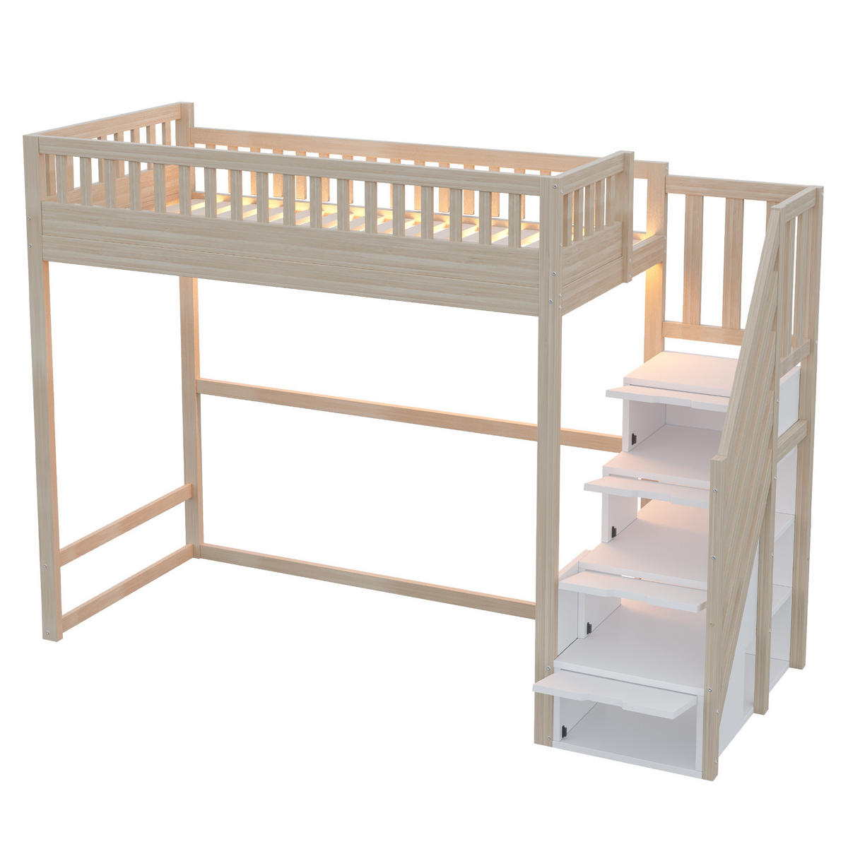 HOCHBETT 90/200 cm Natur aus Holz mit Stauraumtreppe und LED - Naturfarben, Holzwerkstoff (90/200cm) - OKWISH